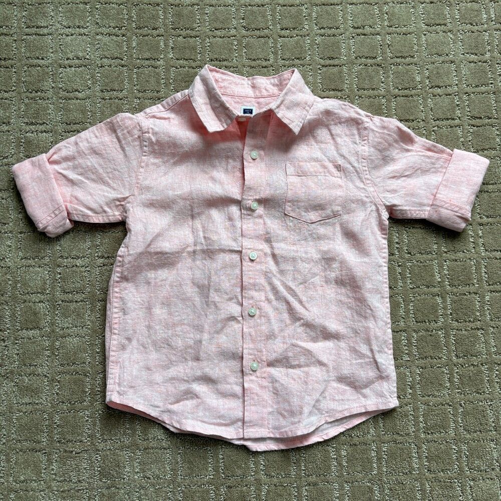 Janie and Jack Set of 2 Linen Button Down Boys Shirts 3 & 4 Toddler Peach Summer - Picture 2 of 7